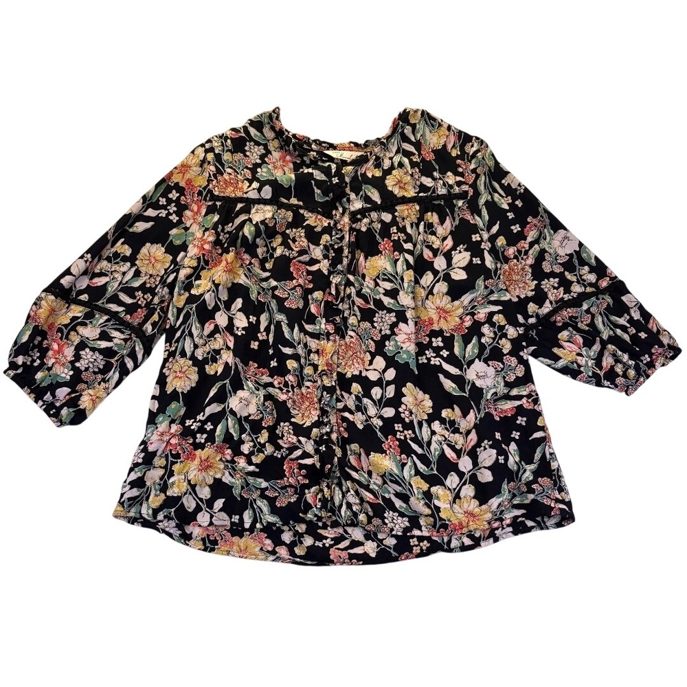 Caffe Marrakesh Women's Floral Blouse Black Rayon Boho Crochet Top L Peasant
